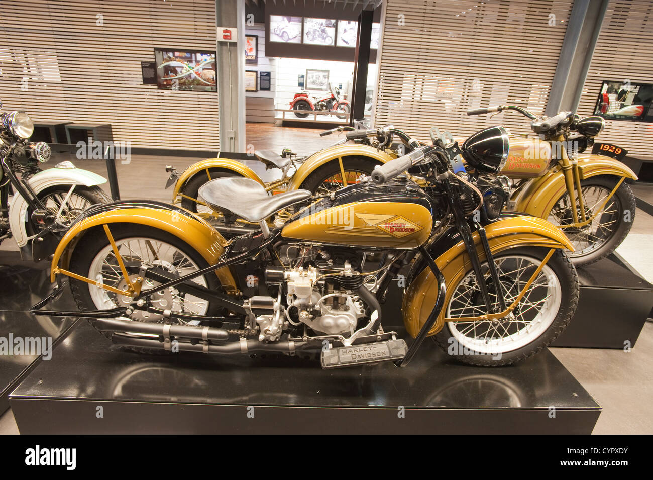 1929 Model C Side Valve Single motorcycle Harley Davidson Museum, Milwaukee, Wisconsin. Stock Photo