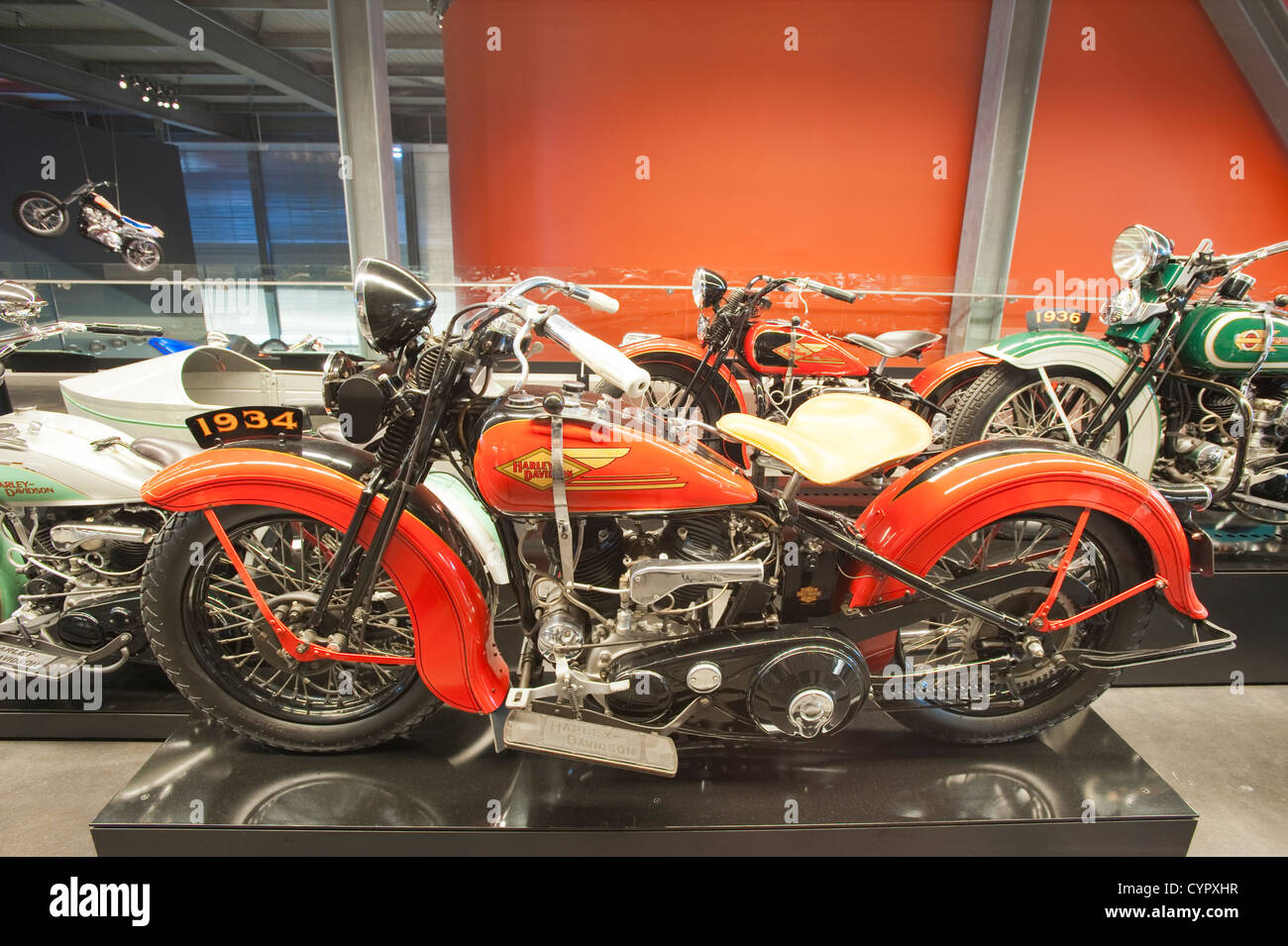 1934 VLD SIde Valve V Twin motorcycle Harley Davidson Museum, Milwaukee, Wisconsin. Stock Photo