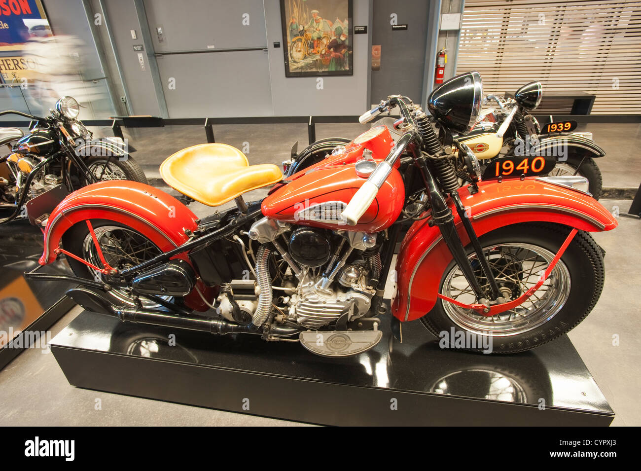 1940 EL OHV V-Twin motorcycle Harley Davidson Museum, Milwaukee, Wisconsin. Stock Photo