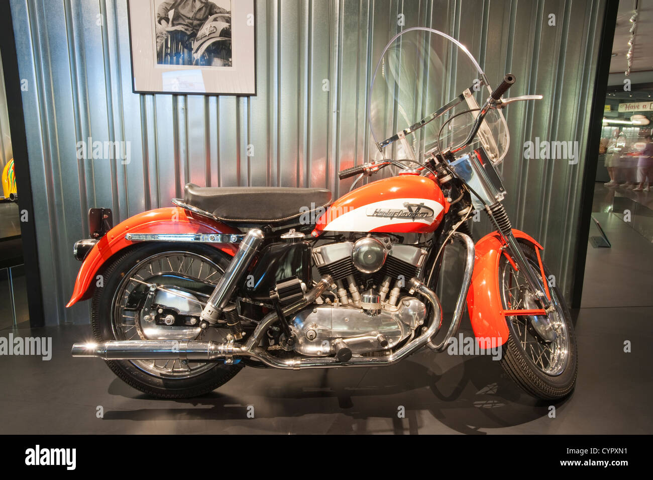 1956 KH Side-Valve V-Twin motorcycle Harley Davidson Museum, Milwaukee, Wisconsin. Stock Photo