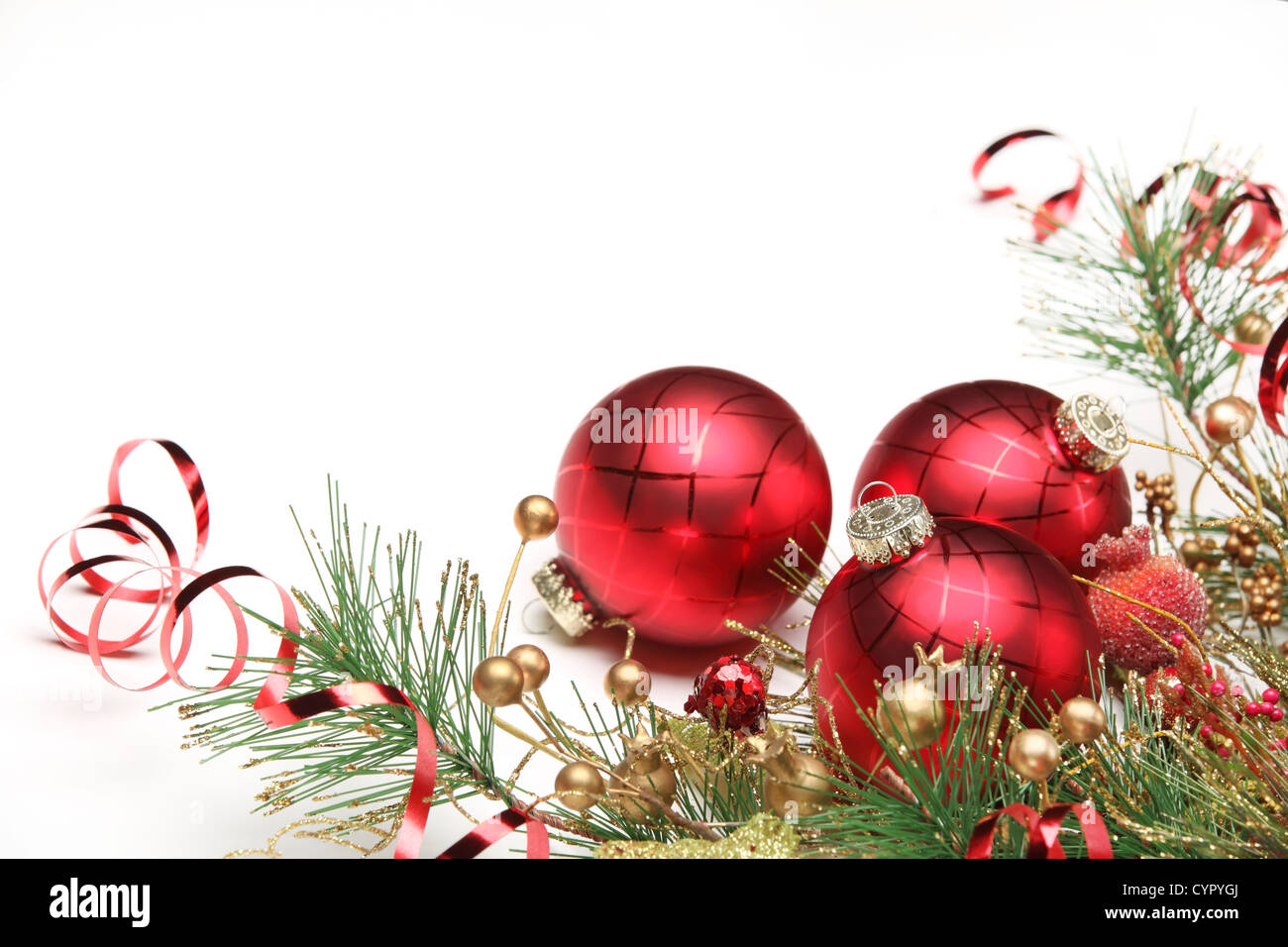 Christmas decoration with balls and fir branch. Stock Photo