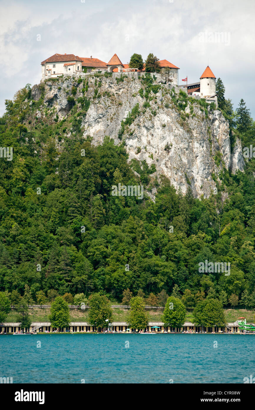 Bled castle on a rocky promontory overlooking Lake Bled in the Julian Alps in northwest Slovenia. Stock Photo