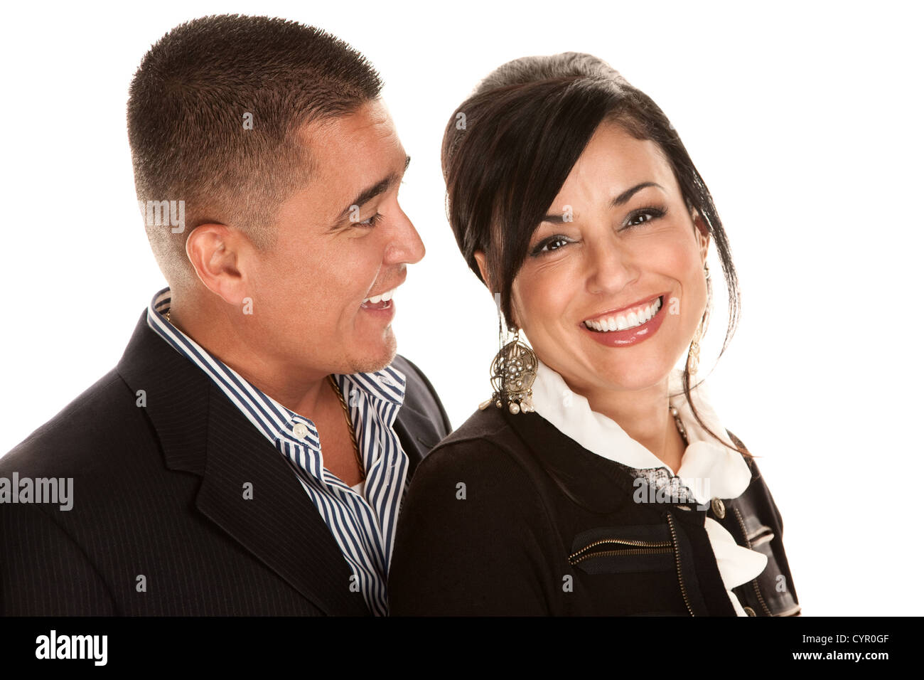 Attractive young Hispanic couple on white background Stock Photo - Alamy
