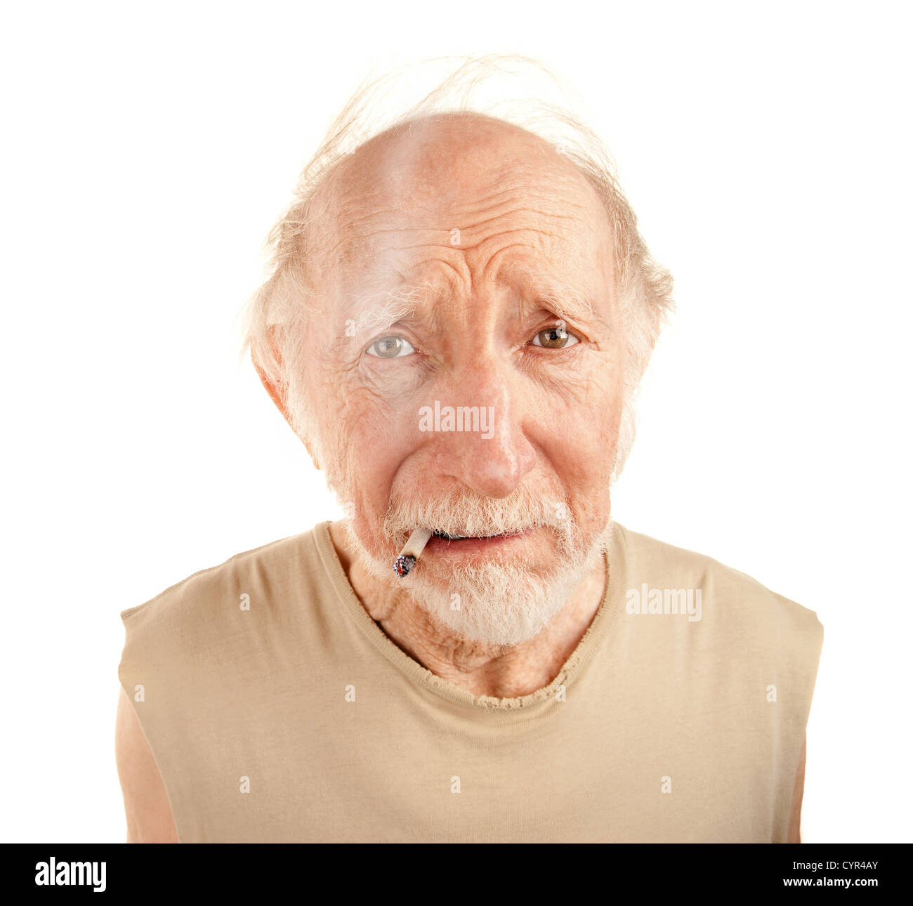 Indigent senior man in ragged sgirt smoking cigarette Stock Photo Alamy