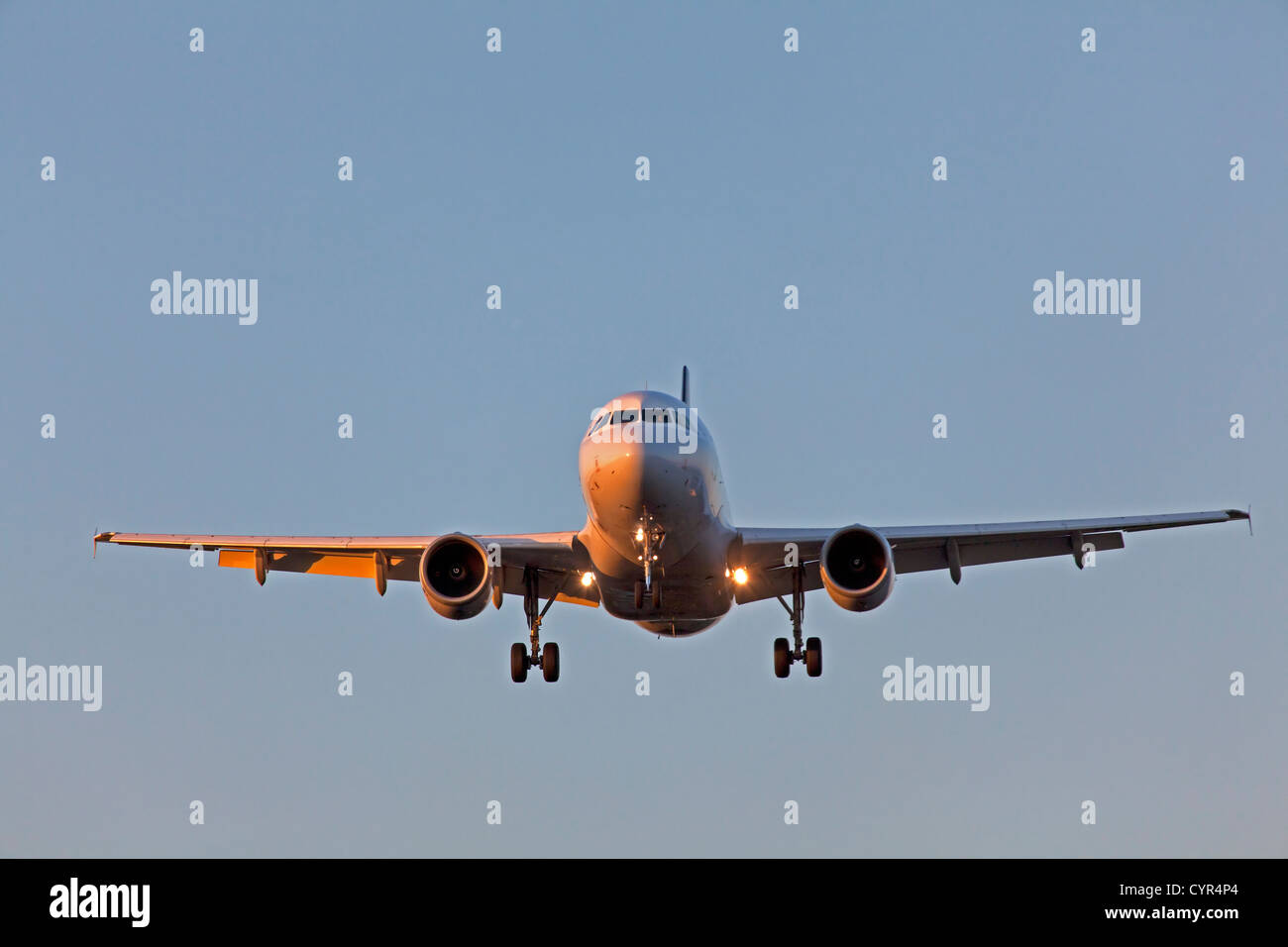 Front of a landing airplane Stock Photo