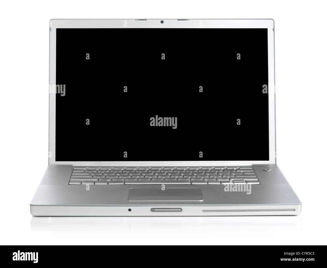 Wide screen silver laptop computer over a white background. Stock Photo