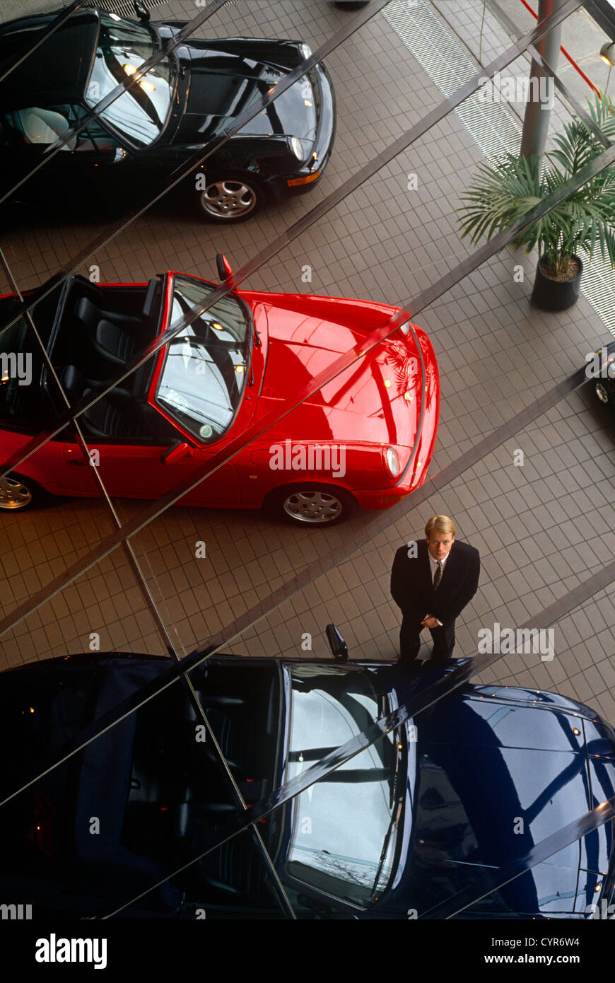 An aerial view of a west London Porsche car salesman in his salesroom. Stock Photo