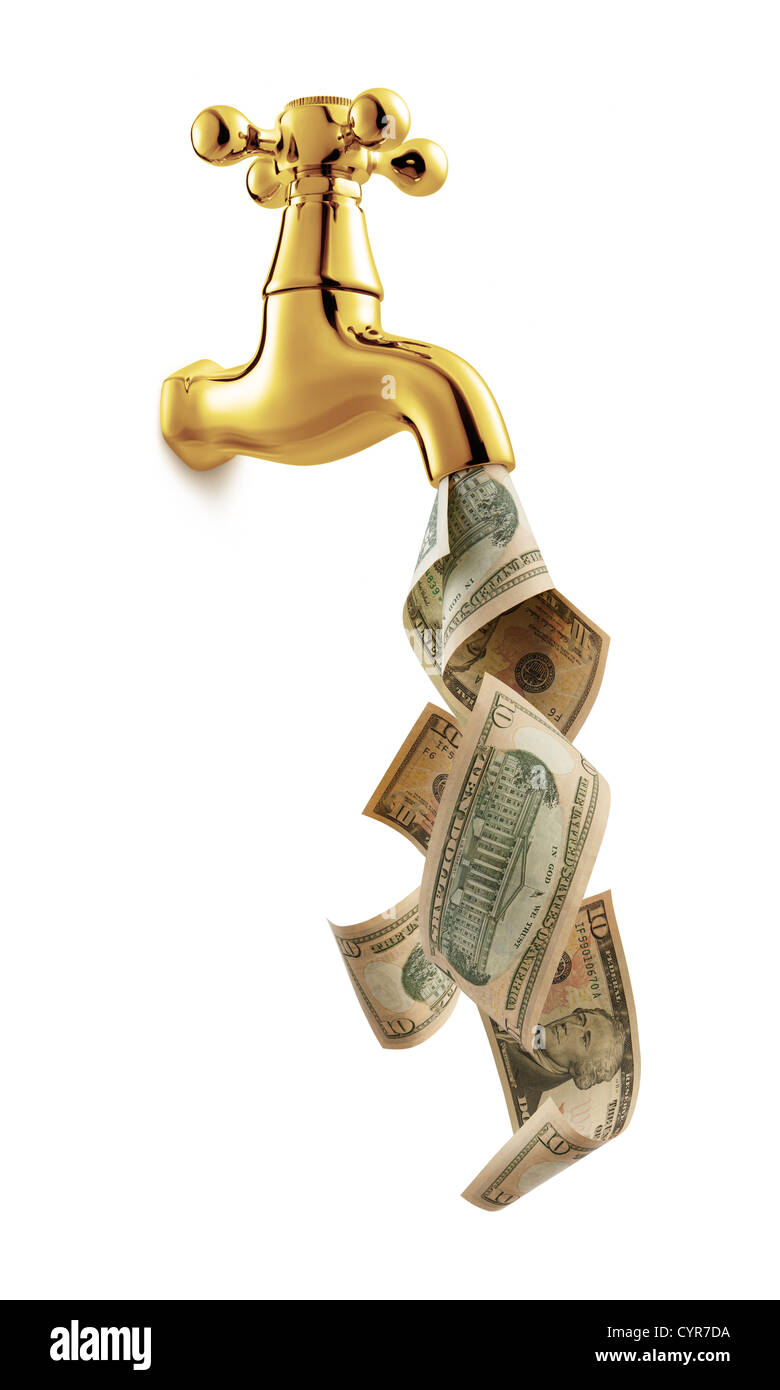 tap with money flowing against white background Stock Photo