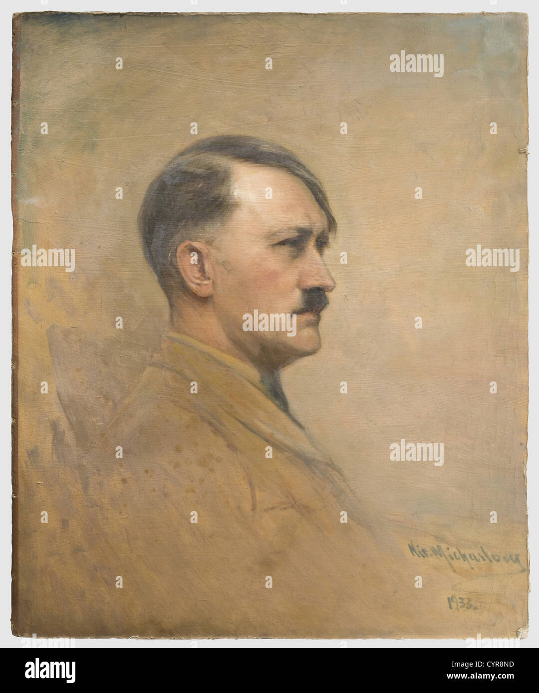 Nikola Michailow (1876 - 1960), a portrait of Adolf Hitler Oil on carton. Hitler sitting, head turned to the right. Signed and dated at lower right 'Nic.Michailow 1933'. Ca. 70 x 57 cm. Professor Nikola Michailow was born 1876 in Sumen, Bulgaria, he died 1960 in Hamburg. He studied at the Academy in Munich, was a professor in Sofia and court painter of Bulgarian Tsar Ferdinand, domiciled in Berlin from 1910. During the 1920s and 30s he developed into one of the great portraitists and painted, among others, the Bulgarian royal family, King Ferdinand, Tsar Boris , Stock Photo