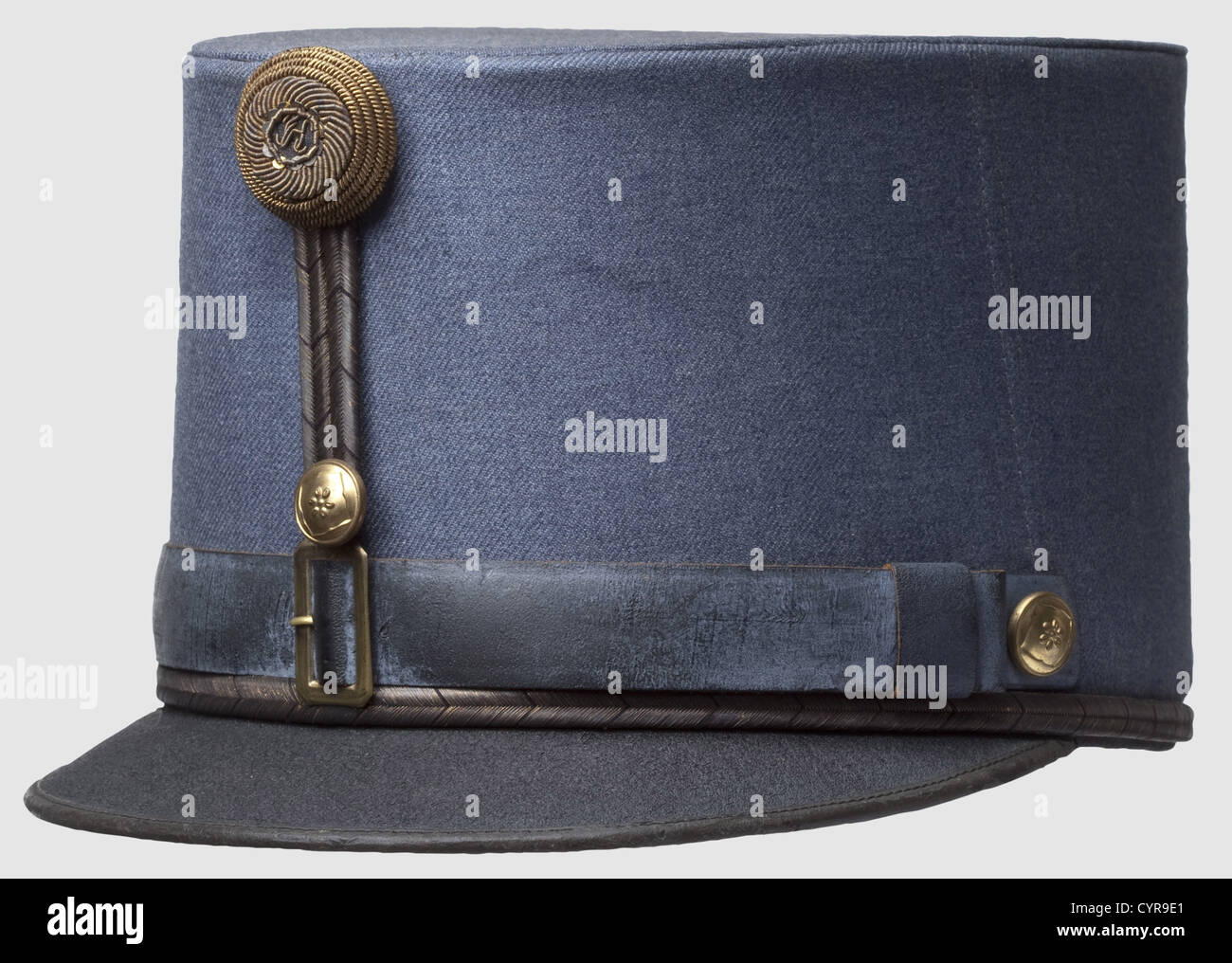 A pike-grey officer's cap for generals,of the imperial royal army Worsted yarn with leather peak and chin strap,the golden lace and sling darkened. Golden buttons in generals' design. The rose with 'K' for Kaiser Karl. Fine leather sweatband,black silk lining,golden manufacturer's name inside 'Tiller Wien - K.u.K. Hoflieferant - Manöverkappe'(Tiller Vienna - imperial-royal purveyor to the court - manoeuvre cap). The cover with a moth hole,the lacquer of the peak crazed,except for that in beautiful condition,historic,historical,1910s,20th century,19t,Additional-Rights-Clearences-Not Available Stock Photo