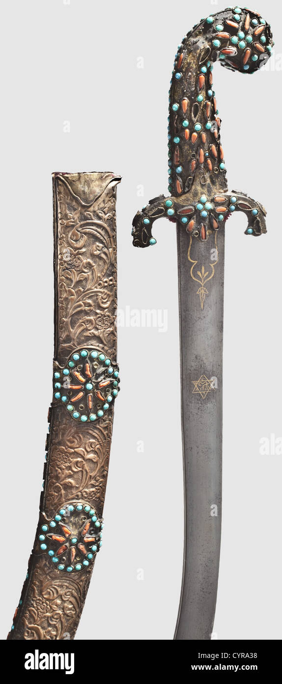 An Ottoman kilij set with coral,mid 19th century Curved blade of wootz ...