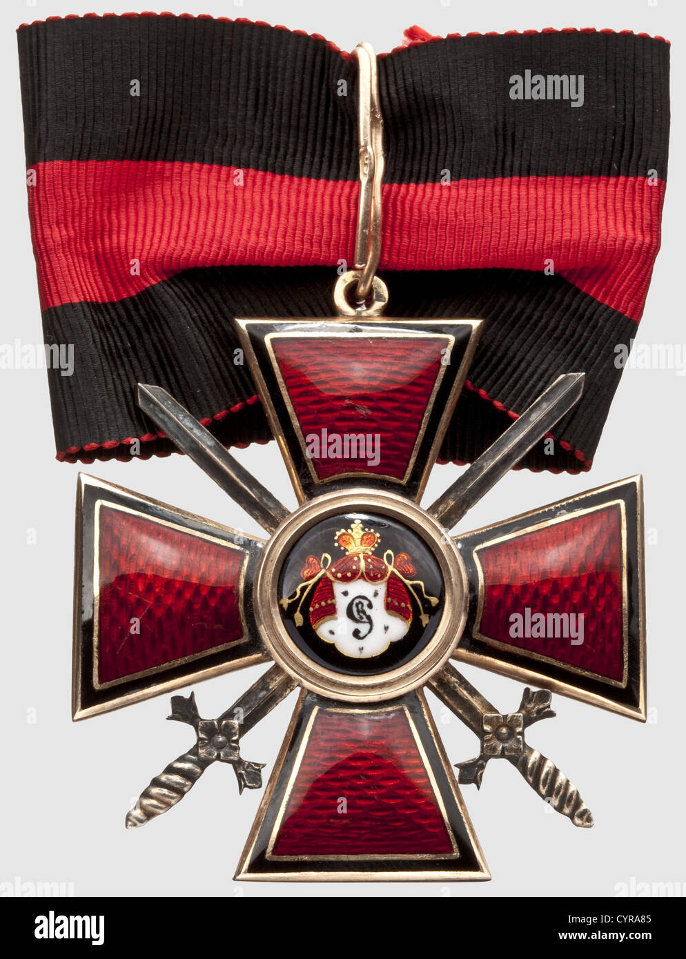 Order of St. Vladimir, 2nd Class Cross with Swords, Russia, circa 1900 Gold, enamelled. Suspension ring with mark of fineness for '56' zolotniki and kokoshnik head facing left, master's inspection mark 'AR' in Cyrillic. Dimensions 53 x 49 mm, weight 25 g. With original ribbon section, historic, historical, 1900s, 20th century, 19th century, medal, decoration, medals, decorations, badge of honour, badge of honor, badges of honour, badges of honor, object, objects, stills, clipping, clippings, cut out, cut-out, cut-outs, Additional-Rights-Clearences-Not Available Stock Photo