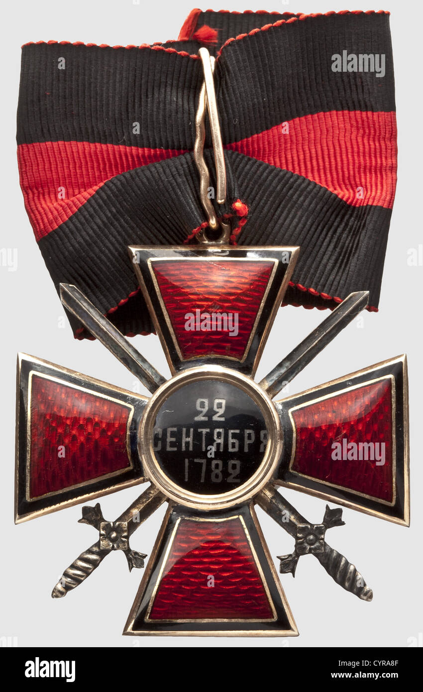 Order of St. Vladimir, 2nd Class Cross with Swords, Russia, circa 1900 Gold, enamelled. Suspension ring with mark of fineness for '56' zolotniki and kokoshnik head facing left, master's inspection mark 'AR' in Cyrillic. Dimensions 53 x 49 mm, weight 25 g. With original ribbon section, historic, historical, 1900s, 20th century, 19th century, medal, decoration, medals, decorations, badge of honour, badge of honor, badges of honour, badges of honor, object, objects, stills, clipping, clippings, cut out, cut-out, cut-outs, Additional-Rights-Clearences-Not Available Stock Photo