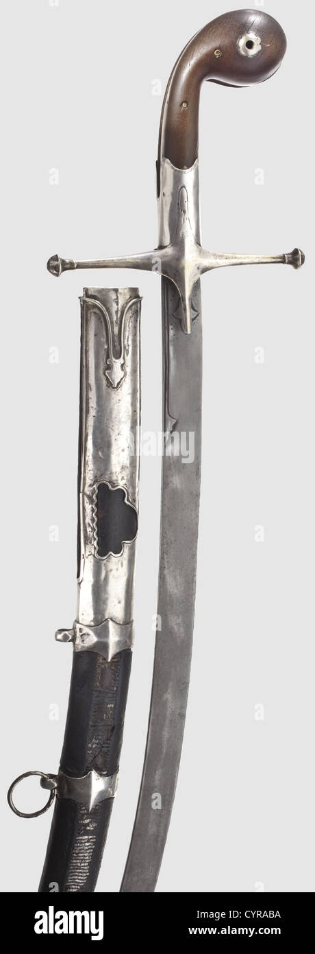 A Russian officer's booty shamshir,Ottoman,circa 1830 Curved Sham-Damascus blade cut with decorative geometric figures at the forte.Silver cross-piece with faceted finials.Horn grip scales rising to a globose pommel,silver grip strap,and later ferrule from the period of Russian use.Leather-covered,wooden scabbard with silver mountings,displaying several Ottoman markings.The locket bears a silver Russian double-headed eagle.Lavish silver wire stitching,heavily rubbed by a long period of use.One suspension ring missing.Length 98.5 cm.Beautiful exam,Additional-Rights-Clearences-Not Available Stock Photo