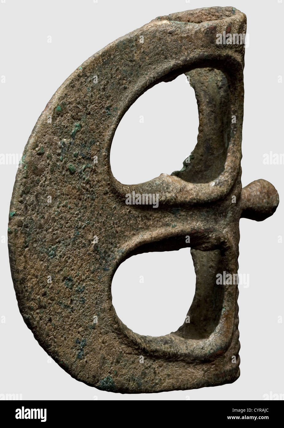 Four Ancient Near Eastern axes,circa 2nd millennium B.C. Bronze. Three crescentic axes,one fenestrated axe. Green,partially green-brown patina. Size of the crescentic axe with five mounting heads(AG 214)13.5 cm x 12.5 cm,the large crescentic axe with one mounting head(AG 215)13.5 cm x 13.5 cm,the small crescentic axe(AG 192)10.3 cm x 9.7 cm,the fenestrated axe(AG 190)11.7 x 11.5 cm. Axel Guttmann Collection. Provenance: AG 190 acquired by Hermann Historica,17th auction,6th Nov. 1987,lot 415,AG 214/215 acquired in Paris,AG 192 cf. Christie's,,Additional-Rights-Clearences-Not Available Stock Photo