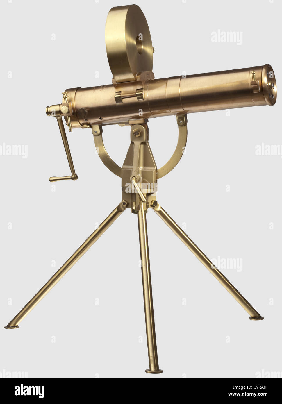 Miniature Gatling gun,Police Model 1893,.22 l.r.cal,no.HE1732.Multilple barrels and action parts of steel,housing,removable 99-shot magazine and retainable brass tripod,adjustable sights on right hand side of housing.On upper side of housing behind ammunition feed marked 'Gatling Gun Company Hartford Conn.Police Model 1893 No.1 Caliber .22 long'.Length 43 cm,height 61 cm(with mounted magazine).Included are hand-drawn original blueprints and a copy of the test pattern.The above weapon is not a construction kit,but a unique weapon made by hand w,Additional-Rights-Clearences-Not Available Stock Photo