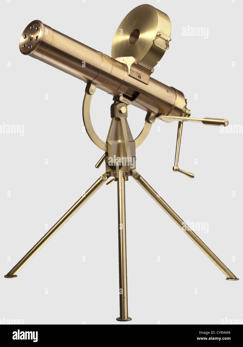 Miniature Gatling gun,Police Model 1893,.22 l.r.cal,no.HE1732.Multilple barrels and action parts of steel,housing,removable 99-shot magazine and retainable brass tripod,adjustable sights on right hand side of housing.On upper side of housing behind ammunition feed marked 'Gatling Gun Company Hartford Conn.Police Model 1893 No.1 Caliber .22 long'.Length 43 cm,height 61 cm(with mounted magazine).Included are hand-drawn original blueprints and a copy of the test pattern.The above weapon is not a construction kit,but a unique weapon made by hand w,Additional-Rights-Clearences-Not Available Stock Photo