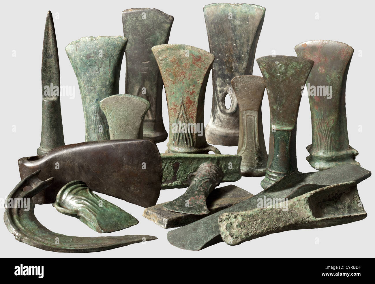 32 bronze tools including axes,hatchets,a sickle,a chisel,and a metal