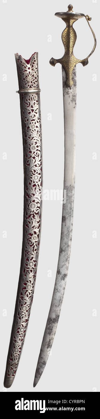 An Indian gold-inlaid tulwar with silver scabbard,19th century Slightly ...