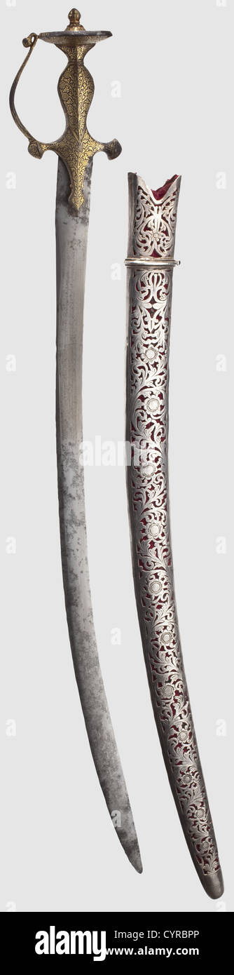 An Indian gold-inlaid tulwar with silver scabbard,19th century Slightly ...