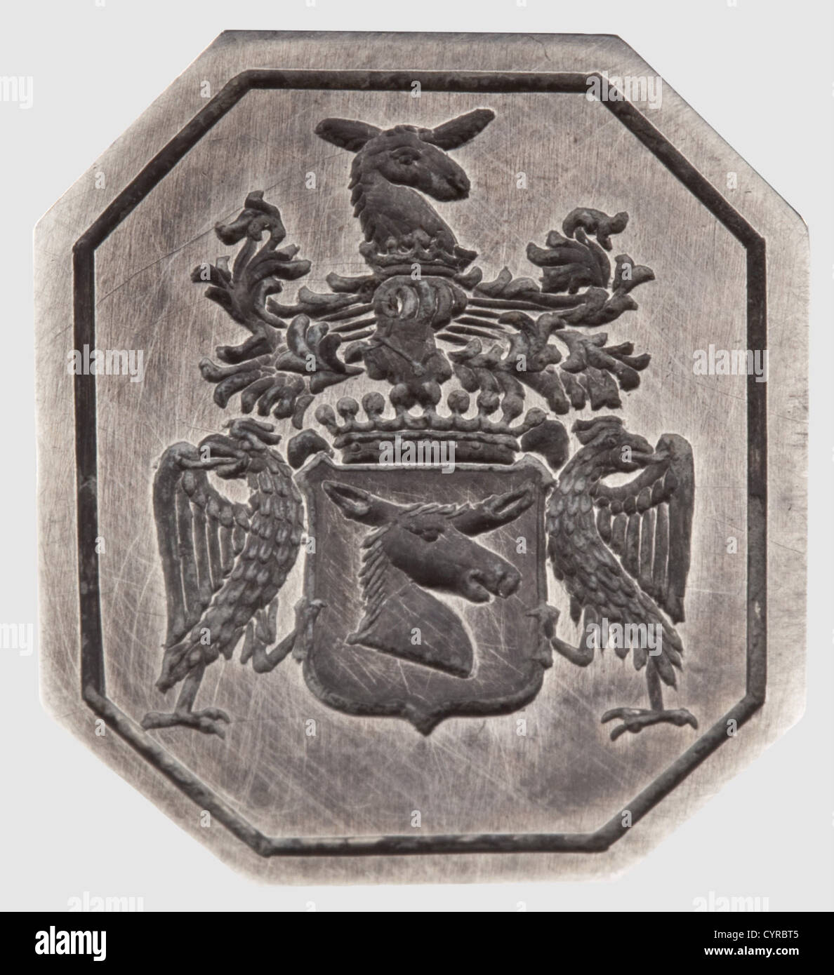 Ferdinand Count Zeppelin,a personal silver seal in its case Silver with illegible French hallmarks. Both side display fire-breathing dragons,torches,and bees in relief. The octagonal silver(more hallmarks)seal face is cut with the coat of arms for the Counts von Zeppelin. Total height 9.5 cm. Weight 61 g. In the original green case with light interior lining,and inscribed in the lid 'Au Rubis - Chambéry'. Presumably a gift to the Count von Zepplin from the 1880's using a French seal from the Secon historic,historical,19th century,transport,transportat,Additional-Rights-Clearences-Not Available Stock Photo