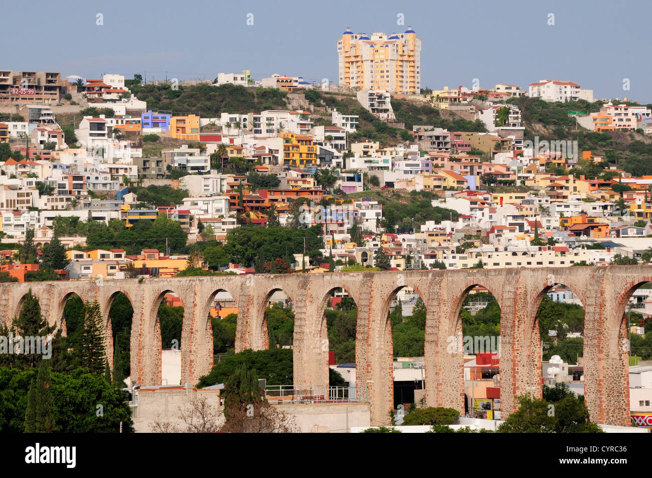 Mexico, Bajio, Queretaro, City view with aquaduct from mirador Stock ...