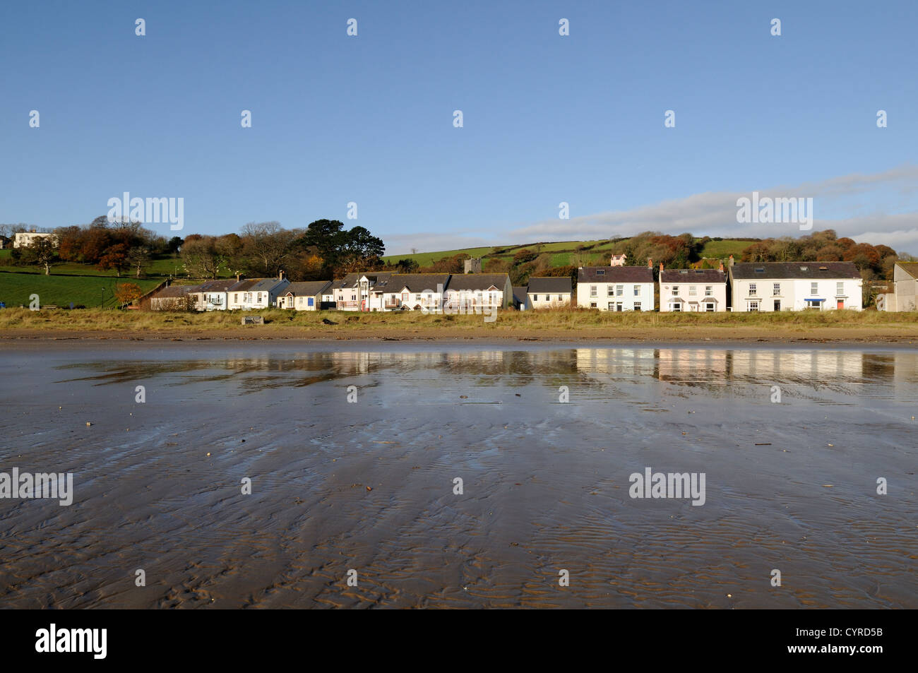 Llansteffan Village reflected on the Beach Carmarthenshire Wales Cymru UK GB Stock Photo Alamy