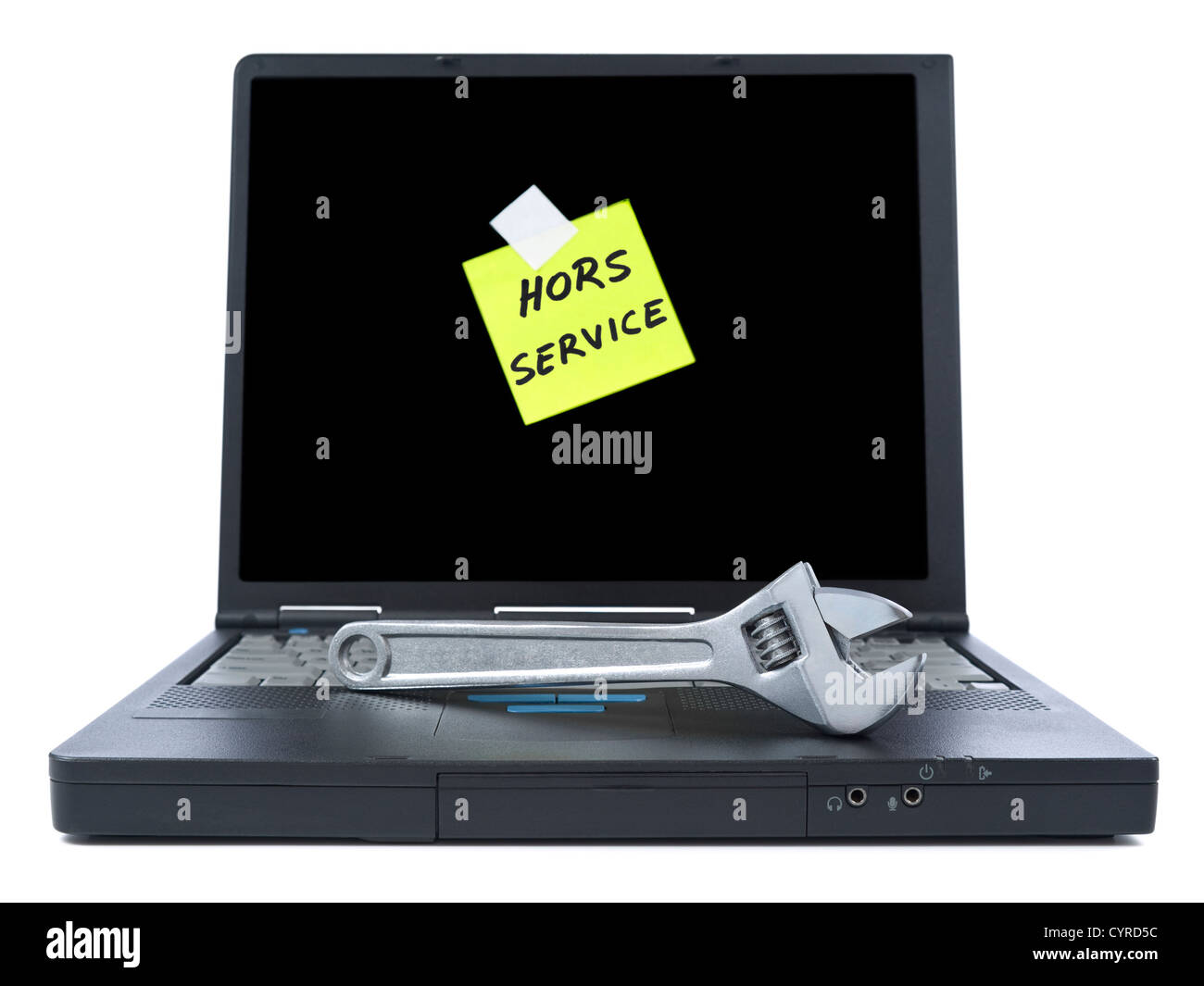 Black laptop with a sticky note in french meaning Out of Service