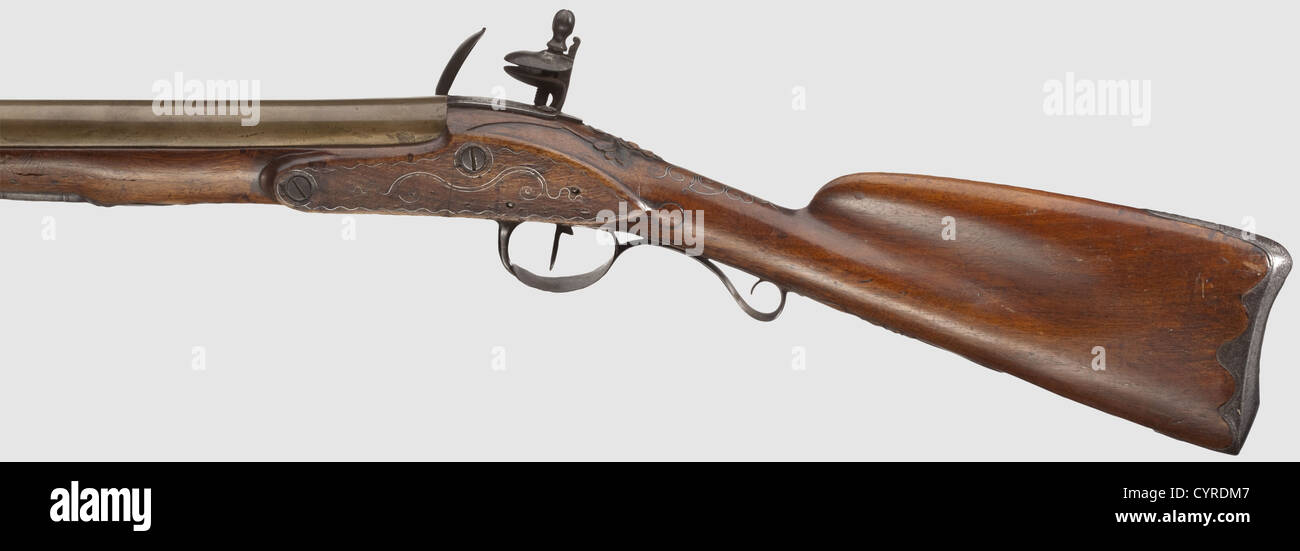 A blunderbuss, England(?), end of the 18th century. Brass barrel with slightly belled, cannon muzzle. Flintlock with brass pan. Sparsely carved full stock with engraved iron furniture and silver wire inlays, iron ramrod. Length 78 cm, historic, historical, 18th century, civil long guns, gun, weapons, arms, weapon, arm, firearm, fire arm, gun, fire arms, firearms, guns, object, objects, stills, clipping, clippings, cut out, cut-out, cut-outs, Additional-Rights-Clearences-Not Available Stock Photo
