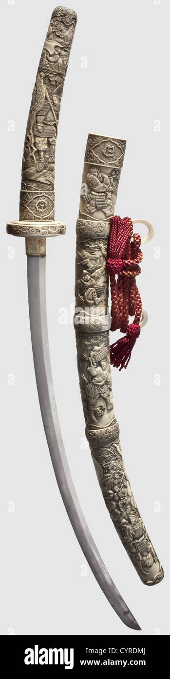A carved ivory tachi,Japan,circa 1900 Blade in shinogi-zukuri without visible hamon and hada,the blade glued into the tsuka.The tsuba and handle made of ivory carved in relief.The scabbard assembled of several whalebone pieces,blackened with kanahada and finely carved in netsuke quality.Depicting samurai scenes at court and hunting as well as a sage with his disciples.(Unread)red seal cartouche.Two ivory suspension rings with silk cord of later date.Length 107.5 cm.Well preserved tachi with unusually intricate relief carvings,historic,historical,,Additional-Rights-Clearences-Not Available Stock Photo