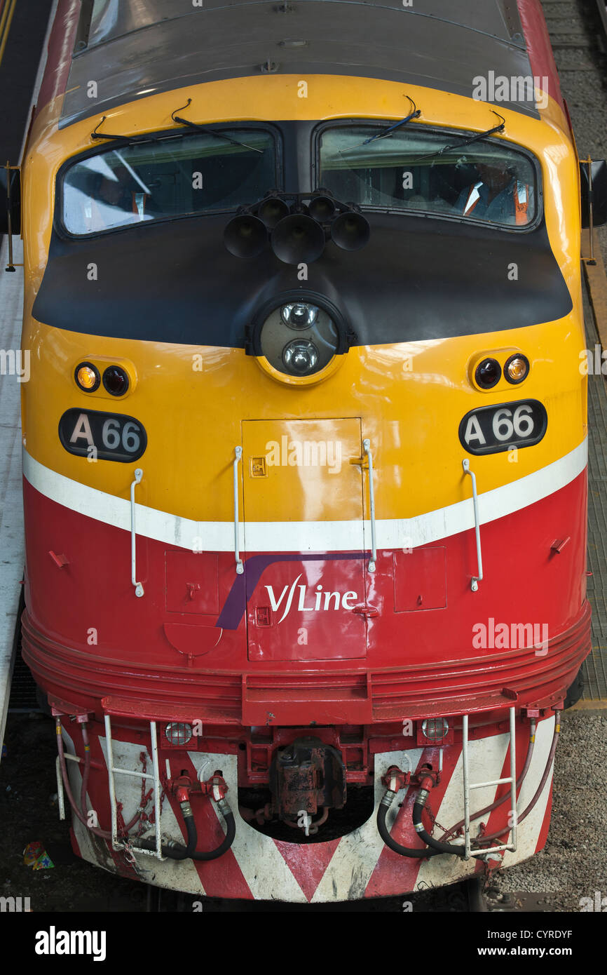 front on image of a Vline rail train in southern cross railway station ...