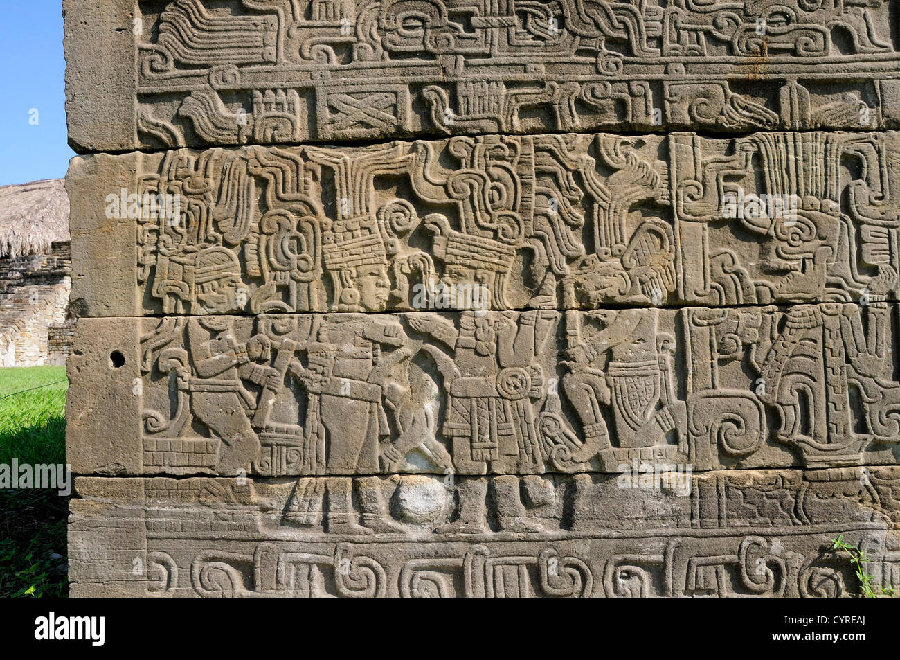 Mexico, Veracruz, Papantla, El Tajin archaeological site, Relief carvings on wall of Juegos de Pelota Sur Ball Court Stock Photo