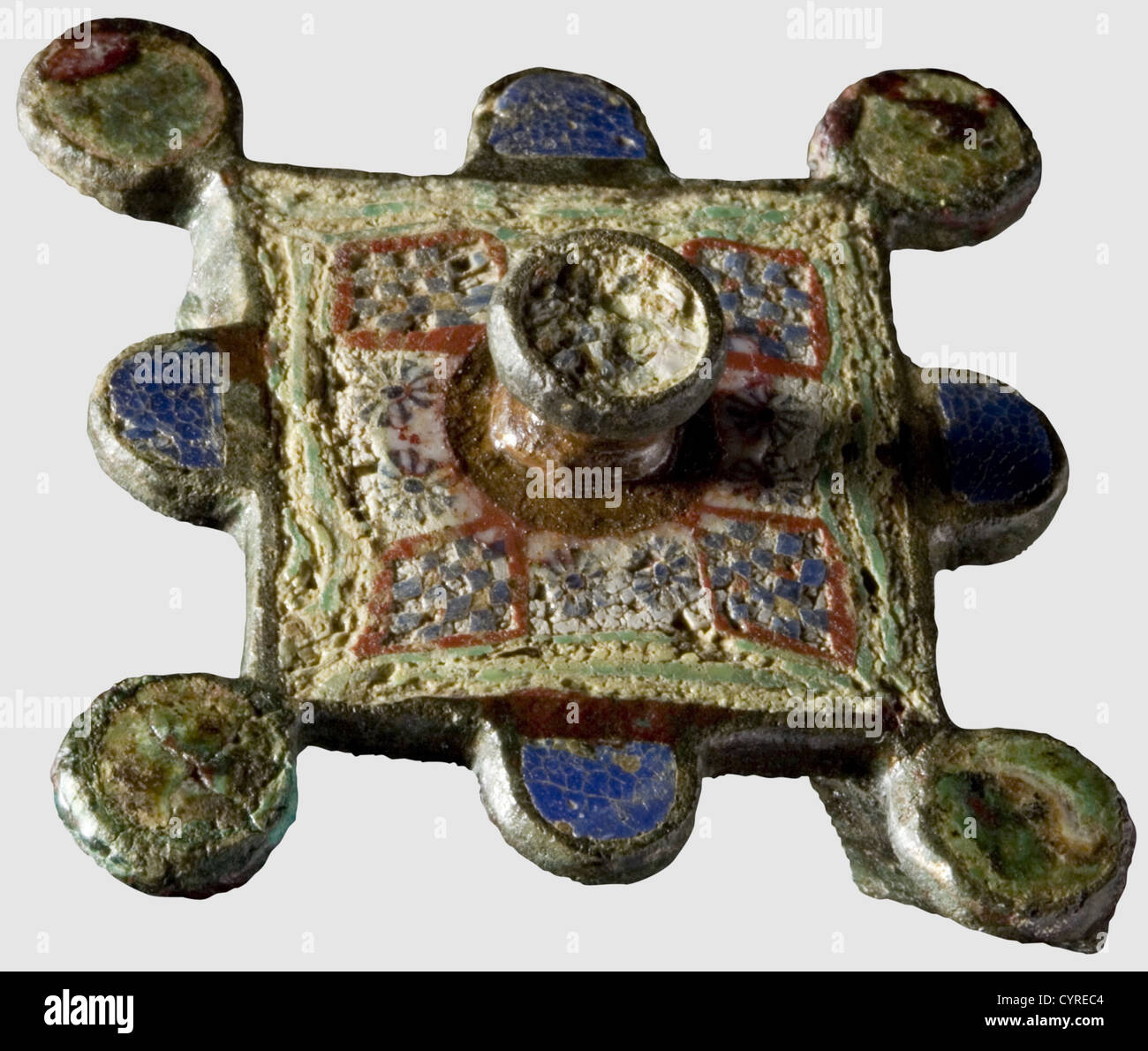 A large Roman millefiori fibula, 2nd/3rd century A.D. Bronze with greenish patina. Square plate mit surrounding circular ornaments. The obverse with well preserved enamelled decor, the centre inlaid with millefiori glass. Remains of the needle socket on the back. Diameter 4.9 cm, historic, historical, ancient world, ancient world, ancient times, object, objects, stills, clipping, cut out, cut-out, cut-outs, Additional-Rights-Clearences-Not Available Stock Photo