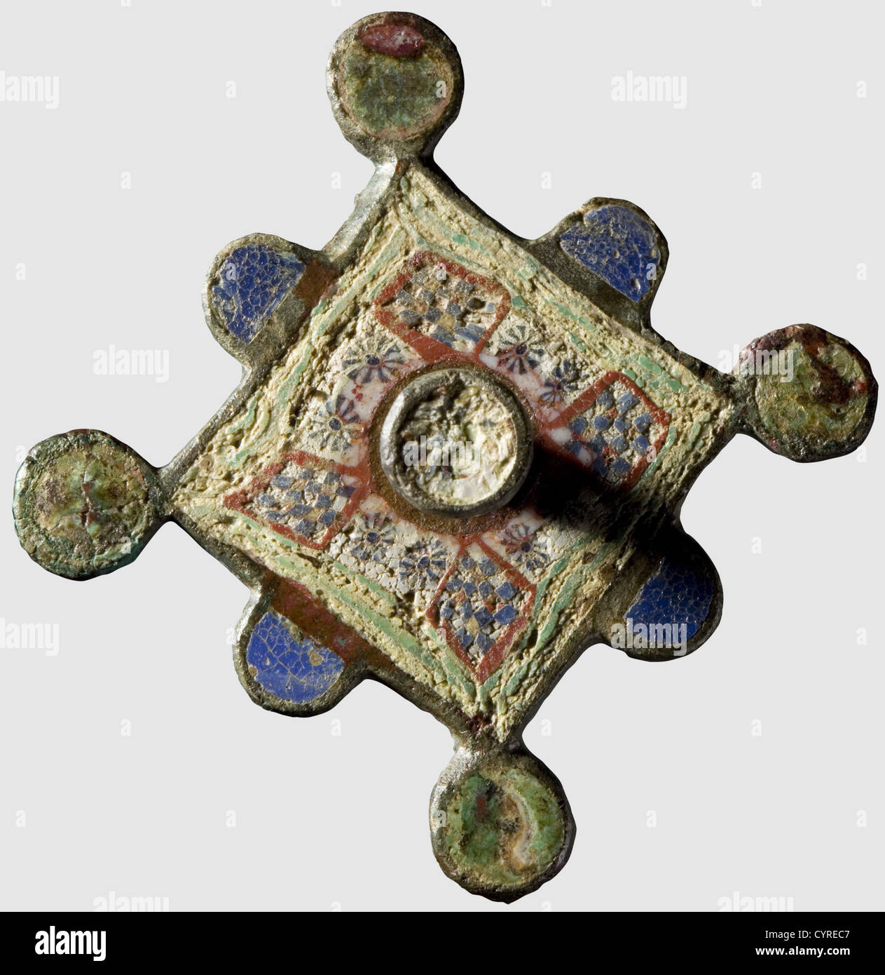 A large Roman millefiori fibula, 2nd/3rd century A.D. Bronze with greenish patina. Square plate mit surrounding circular ornaments. The obverse with well preserved enamelled decor, the centre inlaid with millefiori glass. Remains of the needle socket on the back. Diameter 4.9 cm, historic, historical, ancient world, ancient world, ancient times, object, objects, stills, clipping, cut out, cut-out, cut-outs, Additional-Rights-Clearences-Not Available Stock Photo