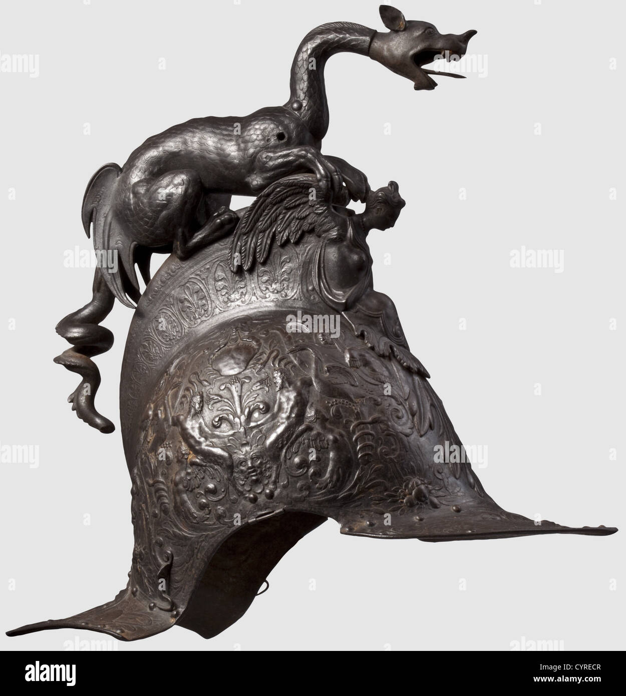 A cast-iron parade helmet,in Renaissance style,German or French,circa 1860 Two-piece skull with rich décor in relief. The comb adorned with a caryatid in front and surmounted by a three-diamensional dragon figure. Cheek-pieces and the dragon's wings missing,the tail tip broken off. Height 37 cm. High quality iron casting modelled after the helmet from the Chimera-set in the Musée d'larmée in Paris,historic,historical,19th century,defensive arms,weapons,arms,weapon,arm,fighting device,object,objects,stills,clipping,clippings,cut out,cut-out,,Additional-Rights-Clearences-Not Available Stock Photo