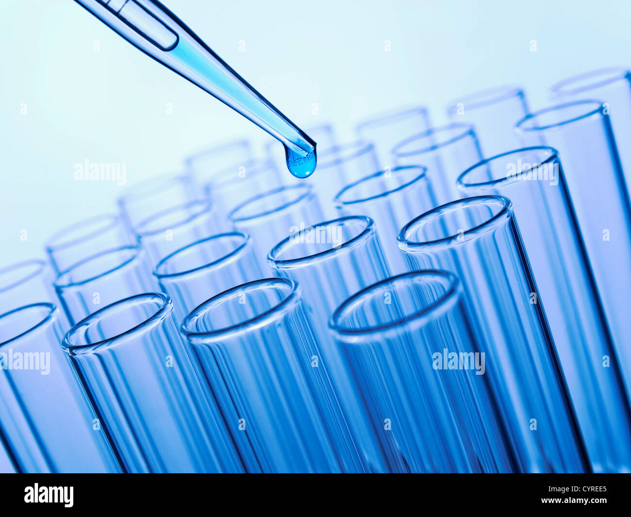 Close up of a pipette dropping a blue sample into a test tube Stock ...