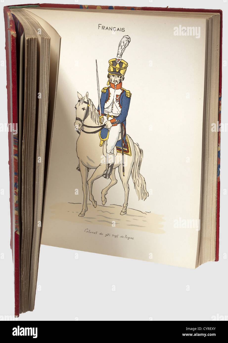 Album du Bourgeois de Hambourg 1806 - 1818,Paris,1902.Large format volume with 158 coloured,unsophisticated portrayals of French soldiers who participated in the occupation of Hamburg.('Représentation de Uniformes de toutes les troupes qui ont été casernées à Hambourg,de l'année 1806 à l'année 1815' / Representation of the uniforms of all the units which were quartered at Hamburg,from 1806 to 1815').Number 140 of 150 volumes printed.Gold-stamped half leather binding with golden top cut,somewhat dented on the edges.Dimensions ca.33 x 27 cm,historic,,Additional-Rights-Clearences-Not Available Stock Photo