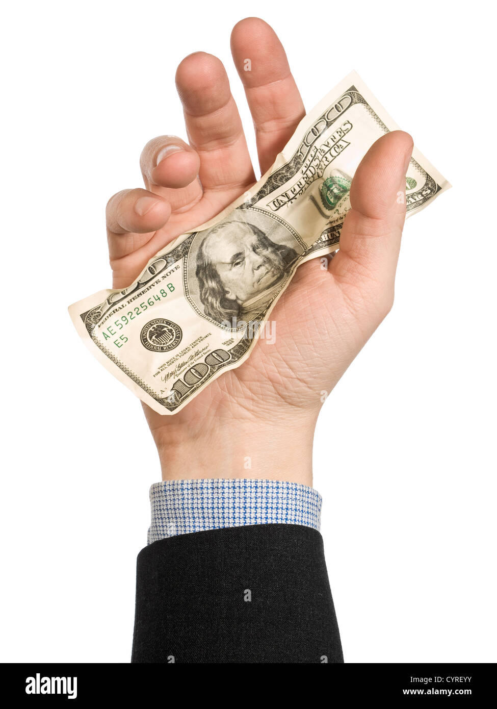 One hundred  dollar bill on a man's hand. Isolated on white. Stock Photo