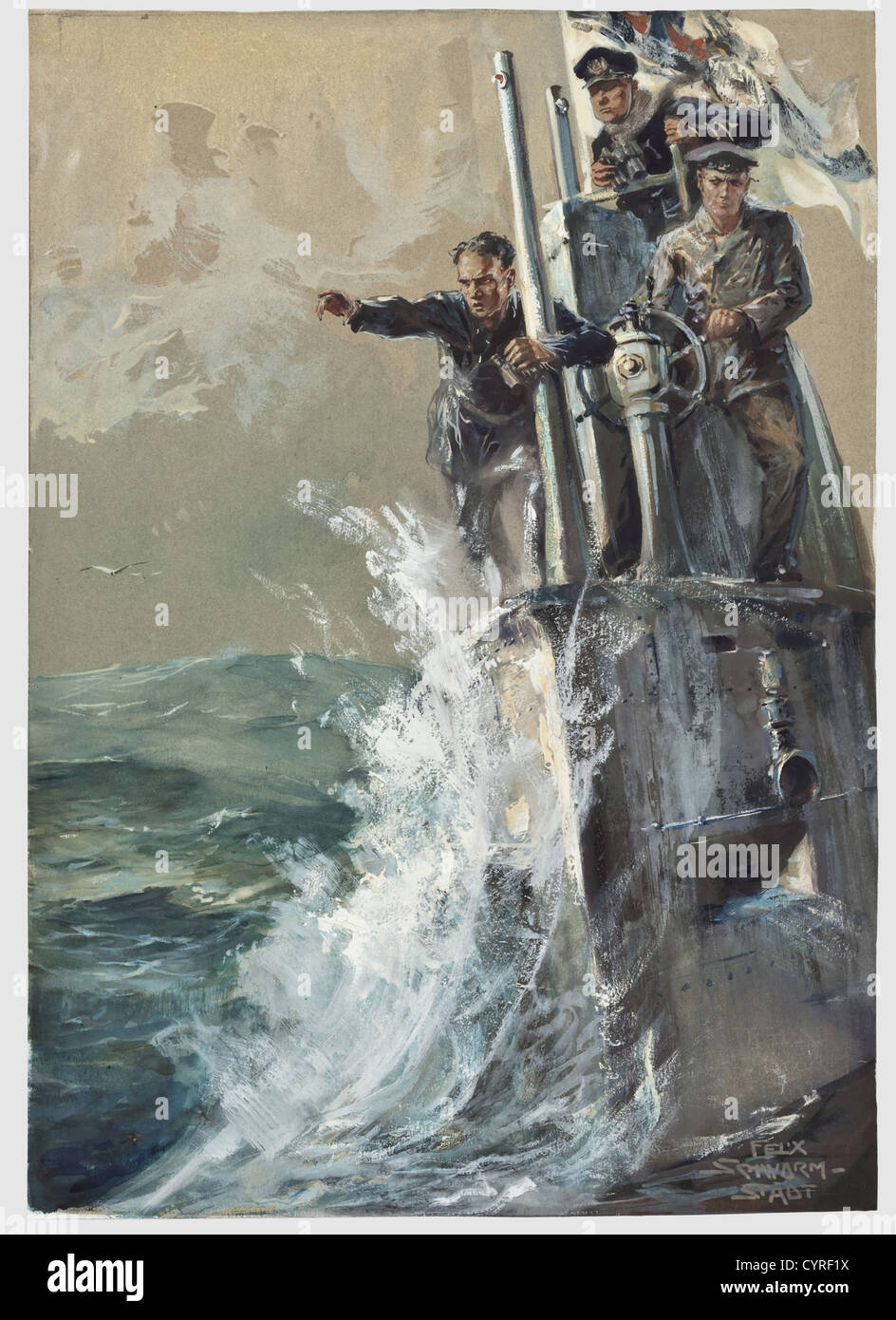 Felix Schwormstädt(1870 - 1938),Attacking U-boat Gouache on paper.Bridge crew of a U-boat in a conning tower breaking the waves,behind them the streaming war ensign.Signed on the lower right 'Felix Schwormstädt'.24.5 x 35 cm,framed with mount 37.5 x 48.5 cm.Felix Schwormstädt studied at the Akademy of Fine Arts in Karlsruhe and Munich.He was a student of Carl von Marrs,a famous naval painter and worked as illustrator and graphic artist for Hapag and Norddeutsche Lloyd.During World War One he was an illustrator for the Leipziger Illustrierte Zeitung.,Additional-Rights-Clearences-Not Available Stock Photo