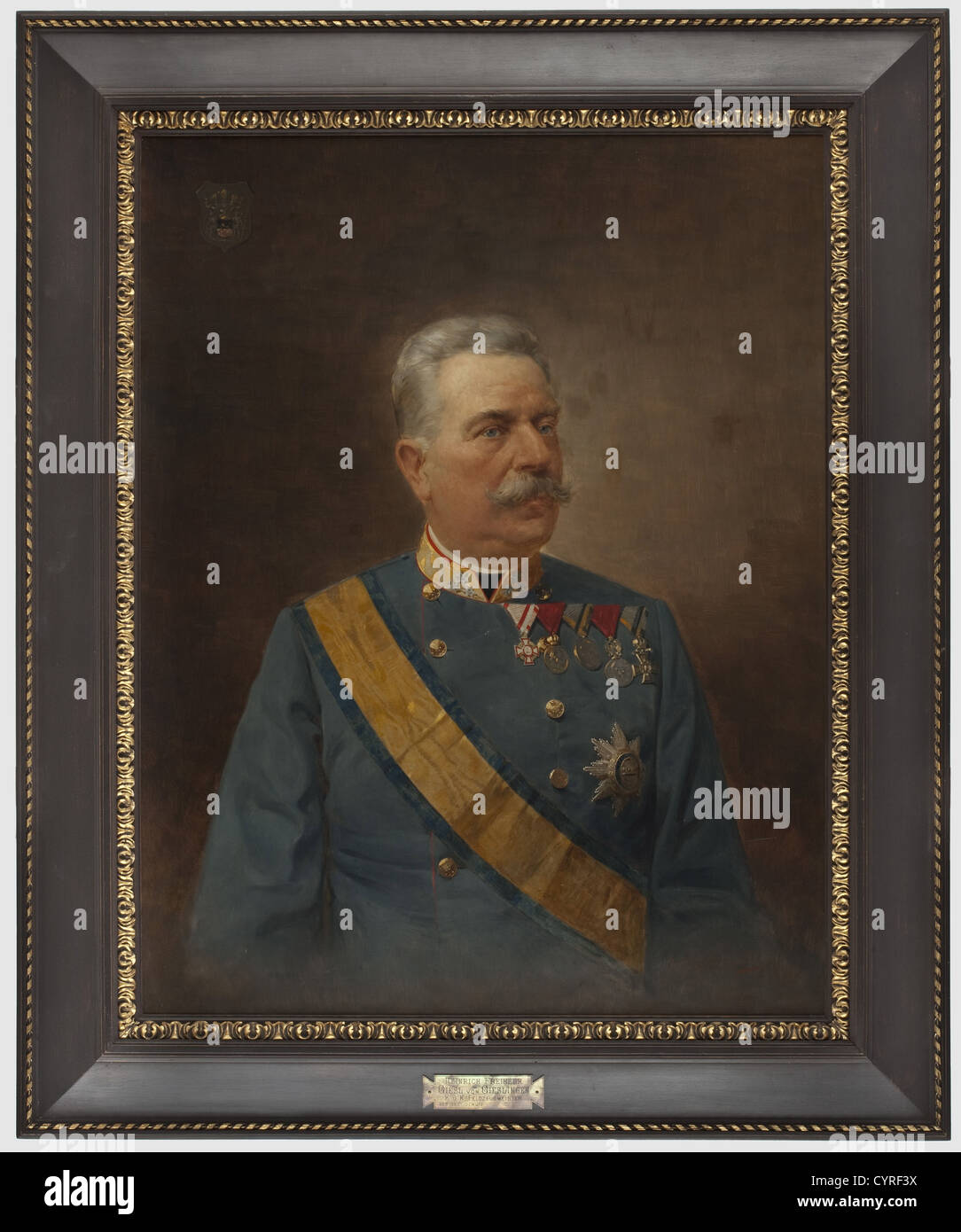 A portrait of Heinrich Baron Giesel von Gieslingen (1821 - 1905), Studio of Carl Pietzner Oil on canvas. Portrait of the K.u.K. Feldzeugmeister and proprietor of the 16th infantry regiment, wearing a tunic and sash and Grand Cross of the Order of the Iron Crown and further decorations. Family coat of arms on the upper left. Signed on the lower left 'K.u.K. Hofatelier Pietzner Wien'. 70 x 52 cm. The Pietzner studio in the Mariahilferstraße in Vienna was not only taking pictures but produced paintings based on photographs as well, people, 19th century, Imperial, , Stock Photo