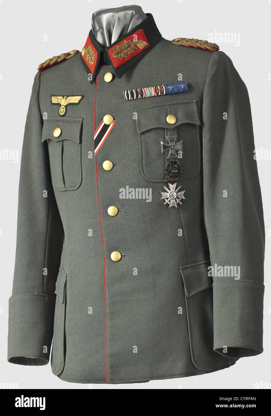 Generalmajor Max Hoffmann,A uniform tunic and documents Field blouse of fine field-grey gabardine with dark green collars and granular gold buttons,the green silk liner with tailor's label 'Kapser(?)Biberach-Riss'. Sewn-on shoulder boards with plain underlay,red collar tabs with gold Larisch embroidery,gold cello-embroidered eagle(re-sewn)with contrasting brown feathers. War Merit Cross buttonhole ribbon,small field orders clasp,Iron Cross 1st Class of 1914,Wound historic,historical,1930s,1930s,20th century,army,armies,armed forces,military,m,Additional-Rights-Clearences-Not Available Stock Photo