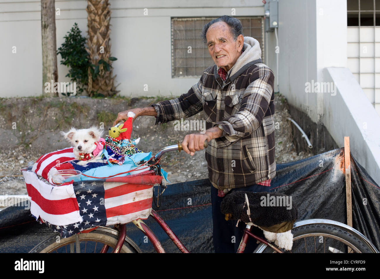 A Man holding his bicycle with his small dog in the front basket wrapped up in the stars and stripes American flag. It was Christmas day Stock Photo