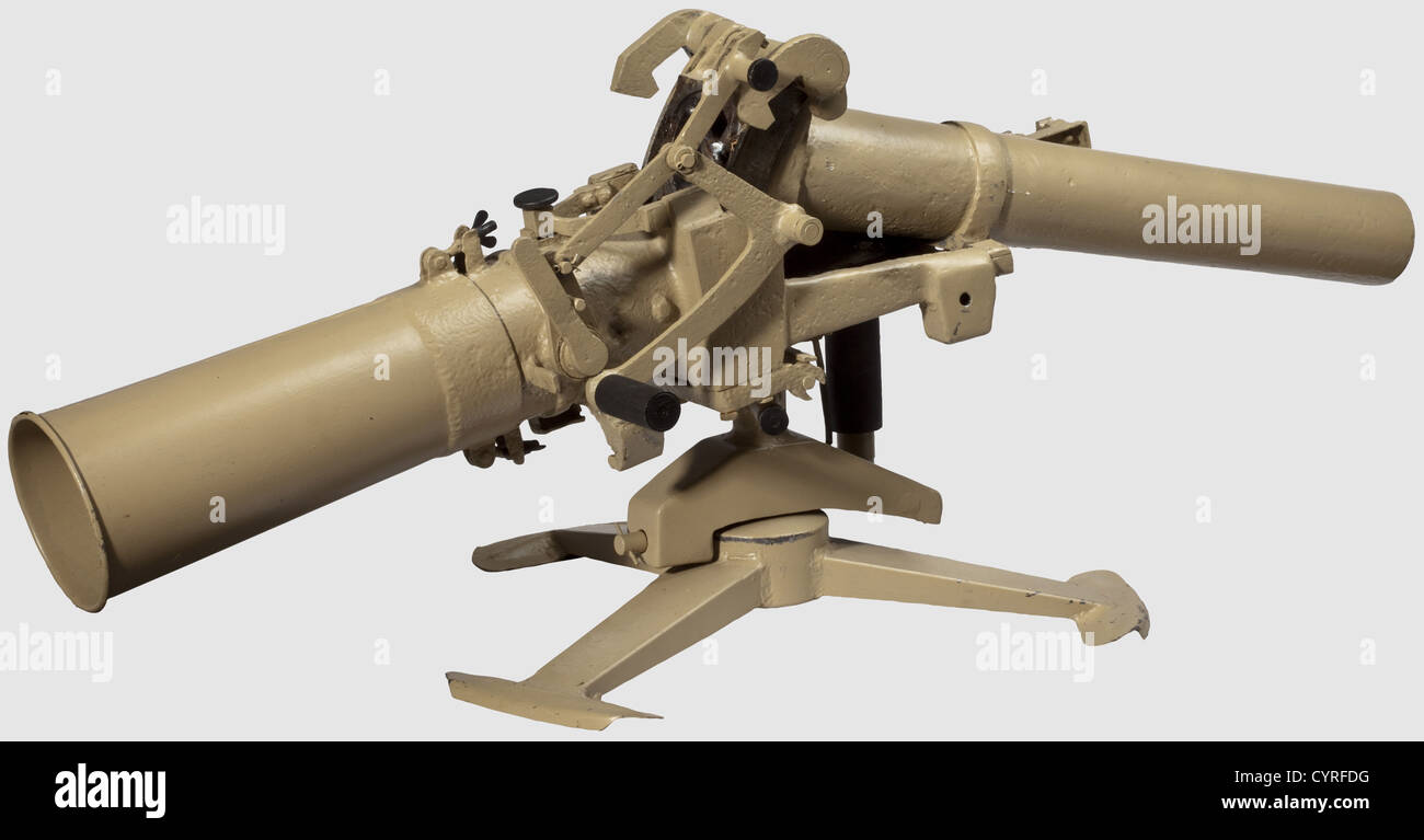 A recoilless antitank cannon 43(Rf.K.43),Rheinmetall prototype(?),deactivated,for hollow charge grenade 43.Rifled bore,code 'ark',length 69 cm.Total length with detachable barrel extension 122 cm.Elevation - 5ø to + 20ø.Extent of traverse 360ø on tripod.Battle distance approx.200 m.Cannon restored and varnished sand colour.Rarity,presumably not been used in battle any more.Cf.Waffen-Revue mag.46,pp.7387 - 7494 where similar cannons by Boehler and Krupp are illustrated and described.The design orders in those days probably went to Rheinmetal,Additional-Rights-Clearences-Not Available Stock Photo