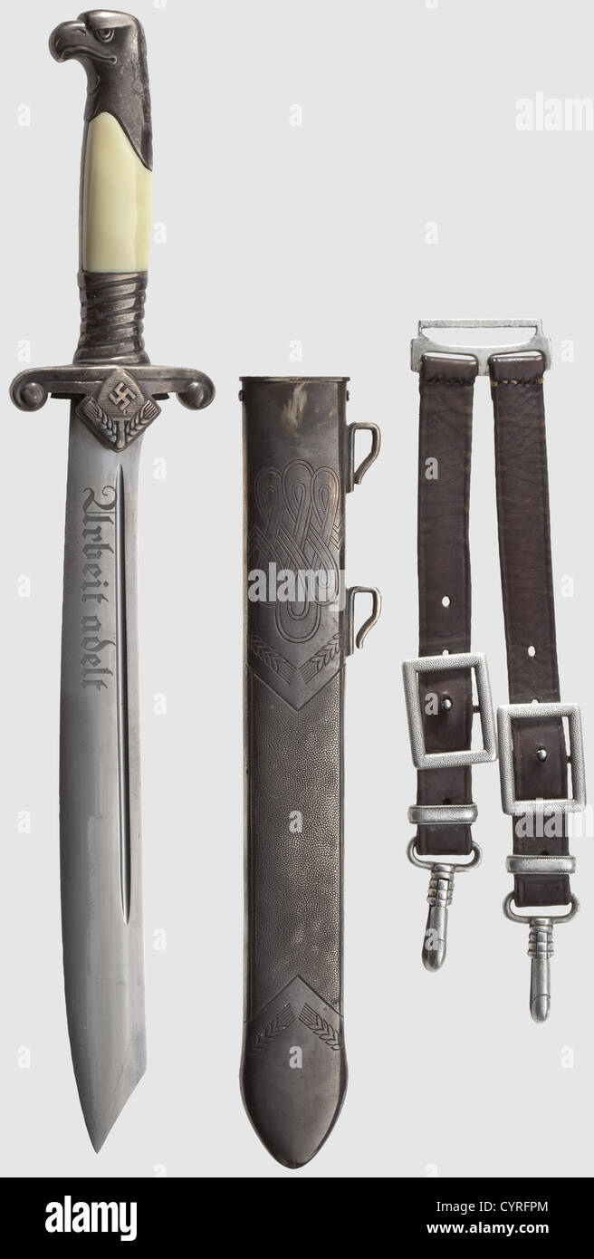 A model 37 RAD leader's dagger(Reichs Labour Service),complete with hanger The blade etched with the motto 'Arbeit adelt'(Labour ennobles)and the reverse side struck with maker's mark of Alcoso Solingen,silver-plated hilt(minimal bubbled flaking),the plastic grip-scales retained by screws,and silver-plated iron scabbard engraved with the monogrammed initials 'JK' on the reverse. Length 38.5 cm. The brown leather hanger with natural carrying wear and with aluminium mounts,historic,historical,1930s,1930s,20th century,thrusting,thrustings,hand weap,Additional-Rights-Clearences-Not Available Stock Photo