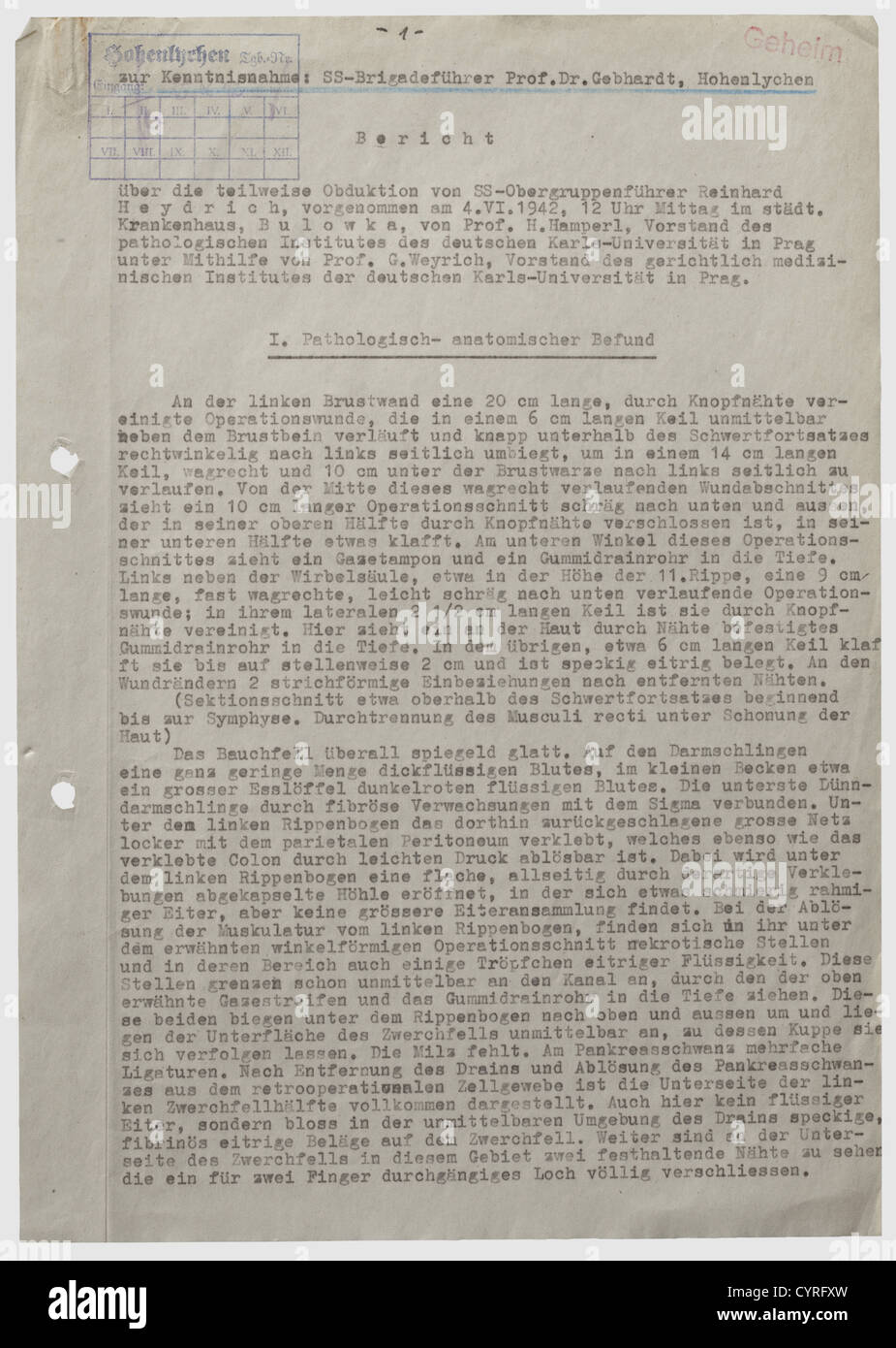 SS-Obergruppenführer Reinhard Heydrich, Secret Autopsy Report Pa historic, historical, 1930s, 20th century, Waffen-SS, armed division of the SS, armed service, armed services, NS, National Socialism, Nazism, Third Reich, German Reich, Germany, military, militaria, utensil, piece of equipment, utensils, object, objects, stills, clipping, clippings, cut out, cut-out, cut-outs, fascism, fascistic, National Socialist, Nazi, Nazi period, document, documents, Additional-Rights-Clearences-Not Available Stock Photo