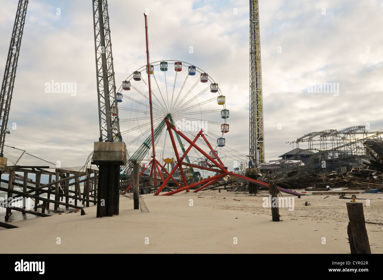 The boardwalk and amusement rides destroyed by Hurricane Sandy November 6, 2012 in Seaside Heights, NJ. Stock Photo