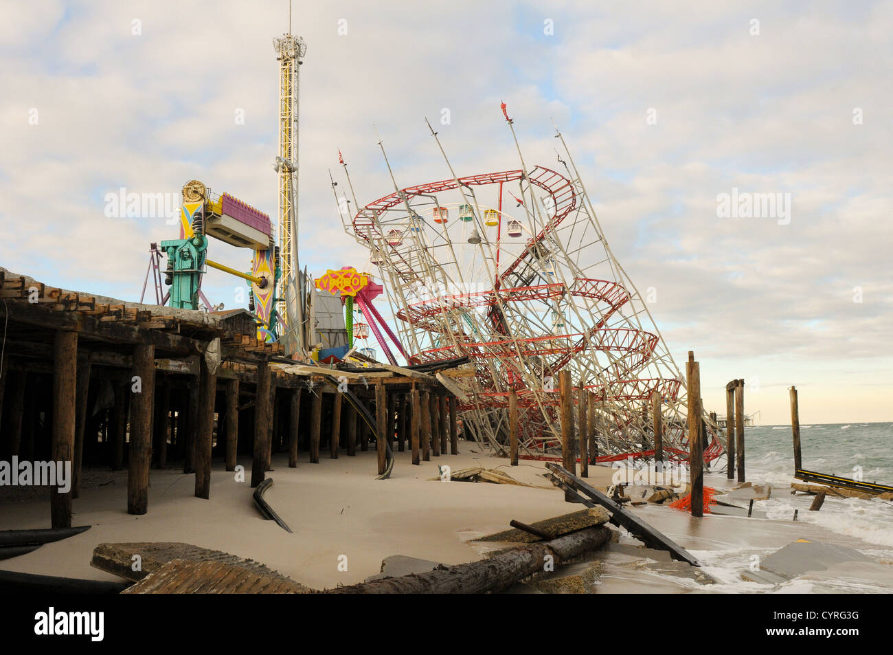 The boardwalk and amusement rides destroyed by Hurricane Sandy November 6, 2012 in Seaside Heights, NJ. Stock Photo