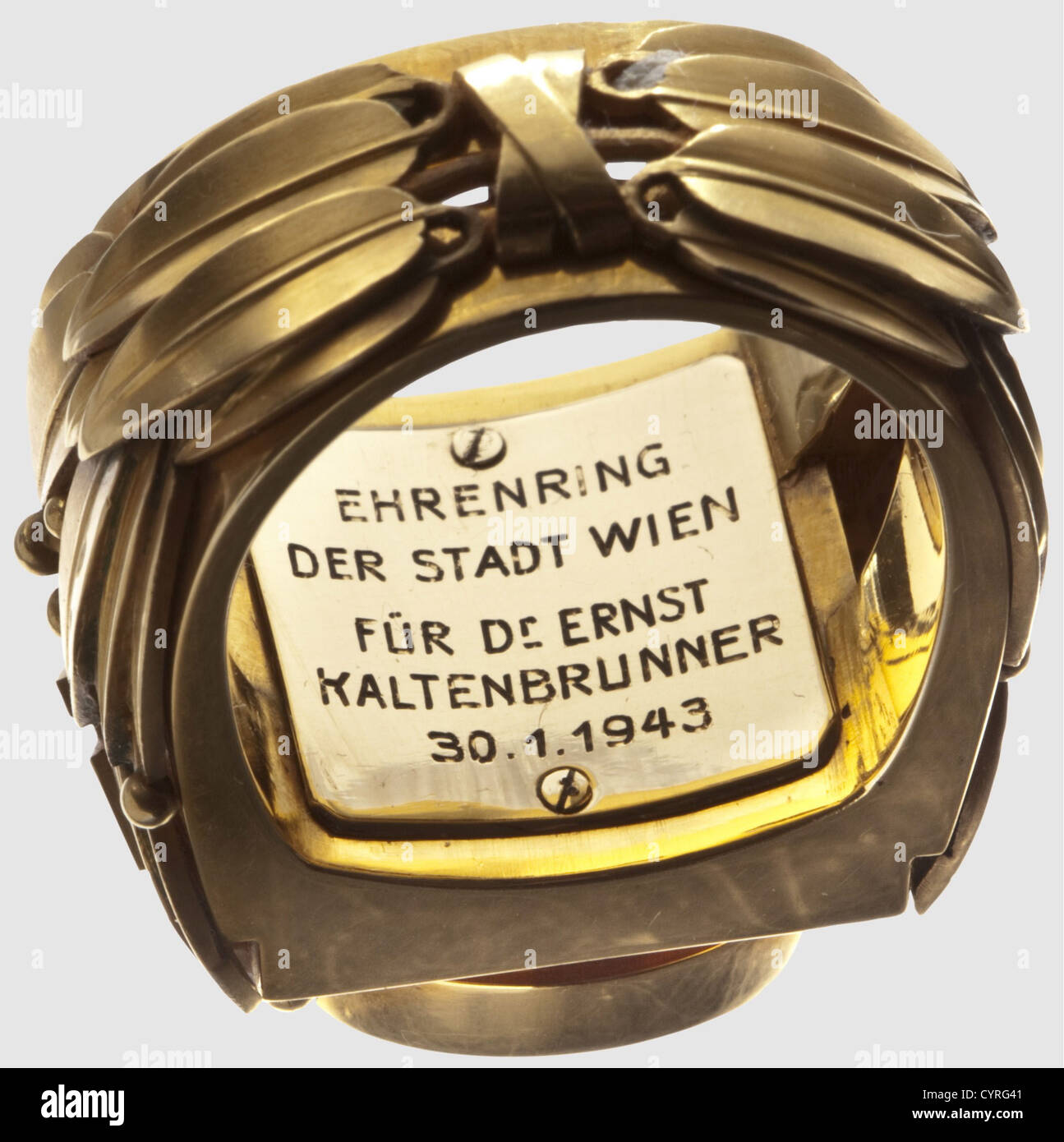 SS-Obergruppenführer Dr.Ernst Kaltenbrunner,Blood Order,honour ring of the City of Vienna and other decorations Medal of 9 November 1923,the so-called 'Blood Order',with award number '4017'.Second striking,patinated silver,punched '800'.Weight circa 23 g.Honour ring of the City of Vienna.Gold,with an applied onyx shield with partly enamelled city coat of arms and a continuous laurel décor with swastika.The inner surface with an engraved plaque 'Ehrenring der Stadt Wien für Dr.Ernst Kaltenbrunner 30.1.1941',stamped number '11'.historic,historica,Additional-Rights-Clearences-Not Available Stock Photo