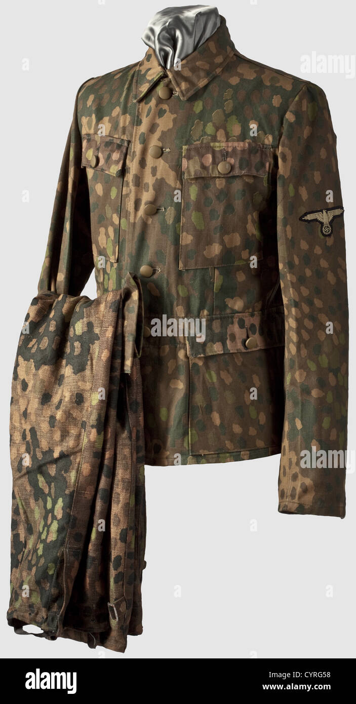 A camouflage uniform M 43 of the Waffen-SS,Field tunic 1 st model of Italian desert cloth printed on one side with "Erbstarn" camouflage pattern,glass buttons lacquered sand colour,sand-coloured Bevo sleeve eagle insignia on black ground,the interior stamped with "SS-BW" and size specification. The trousers of drill fabric(differing materials),the exterior also printed with "Erbstarn" pattern,white lining stamped with the specifications of size and maker. Metal pieces corroded,historic,historical,1930s,20th century,Second World War / WWII,object,o,Additional-Rights-Clearences-Not Available Stock Photo