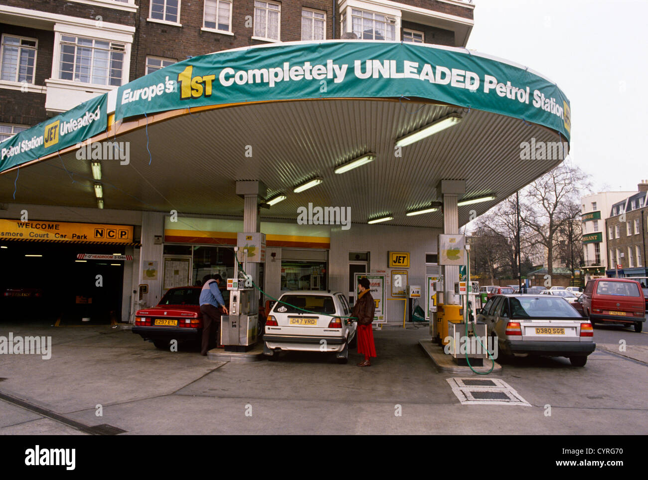 An exterior of Europe's very first completely Unleaded petrol station, seen in 1989 on Park Road, NW8 London. Stock Photo